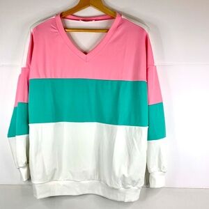 Ladies, color block, patchwork pink/green/white V-neck pullover sweatshirt
